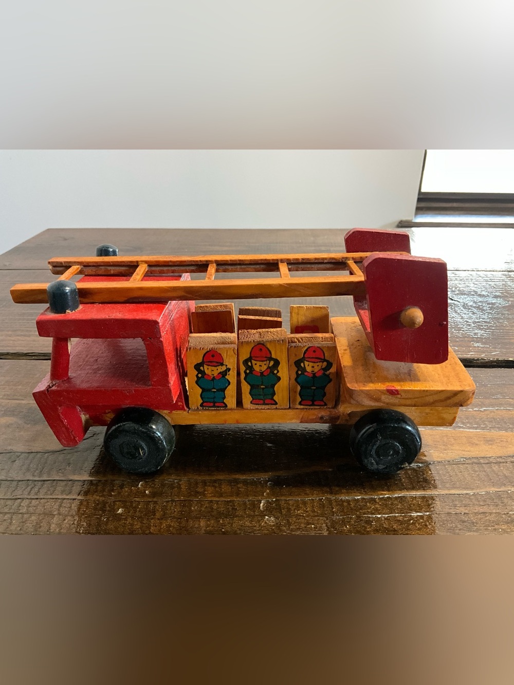 Vintage Wooden Toy Fire Truck with Double Sided Firemen Decor